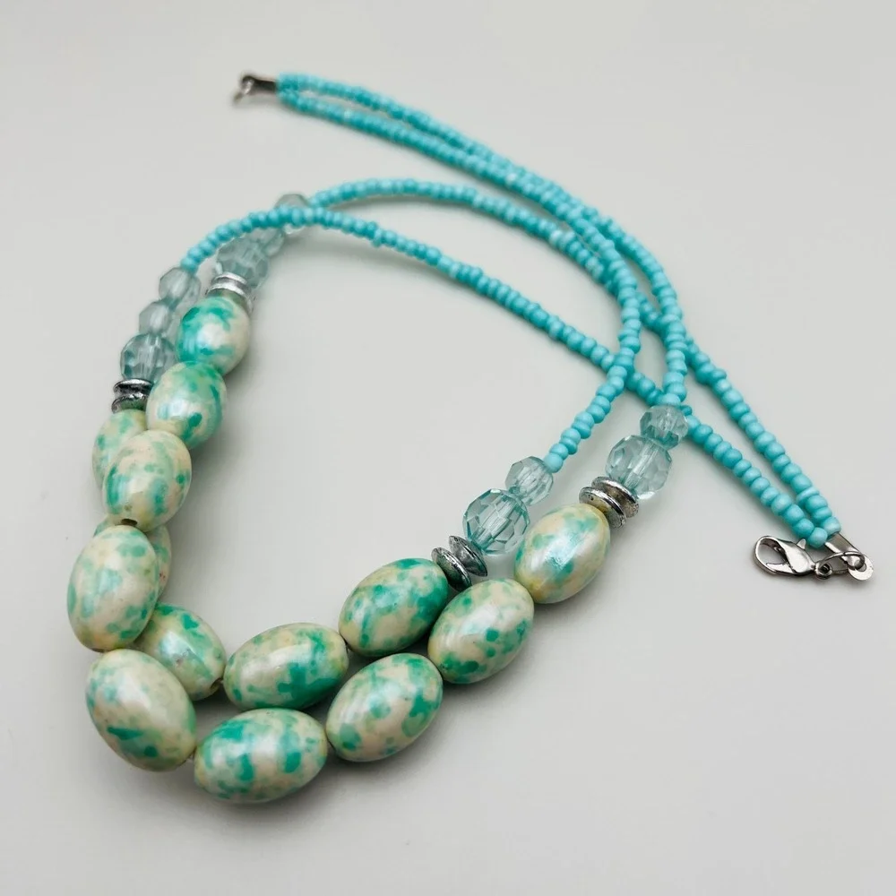 Turquoise Blue Double Strand Beaded Necklace Marbled Oval Beads Seed Beads‎